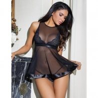 Flared Mesh Babydoll Set Black