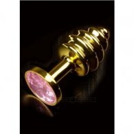 Dolce Piccante Gold Ribbed Steel Butt Plug With Pink Jewel Small