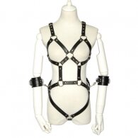 Naughty Toys Strap Style leather restraint bodysuit with cuffs