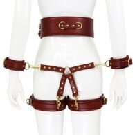 NAUGHTY TOYS wine red leather corset cuffs hog tie restraints 4p