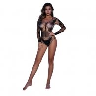 Alluring Black Mesh and Lace Long Sleeve Teddy