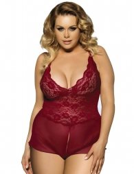 Plus Size Crotchless Lace and Mesh Teddy
