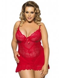 Sexy Plus Size Bright Red Floral Lace Babydoll