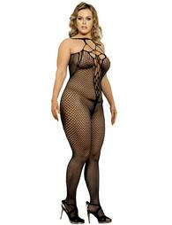 Plus Size Black Halter Sexy Neck Open Back Netted Bodystocking